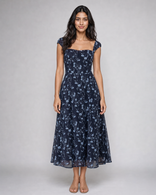 Maeve | Floral Sweetheart Cap-Sleeve Midi Dress in Navy