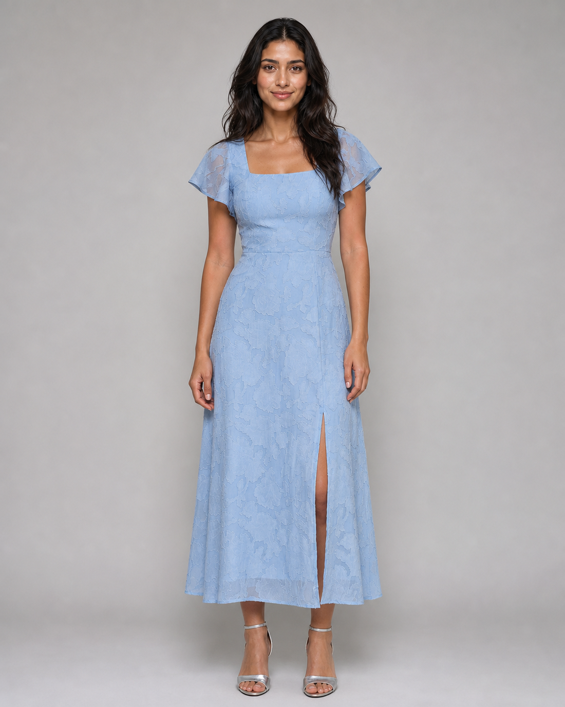 Pearl | Burnout Floral Flutter-Sleeve Midi Dress