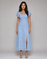 Pearl | Burnout Floral Flutter-Sleeve Midi Dress in Blue