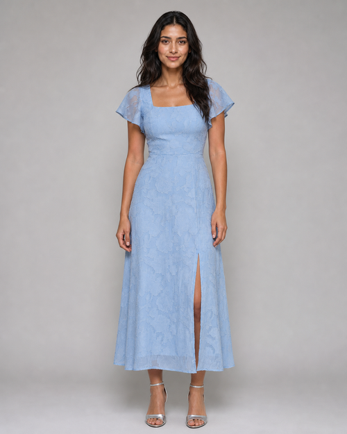 Pearl | Burnout Floral Flutter-Sleeve Midi Dress — Blue — front