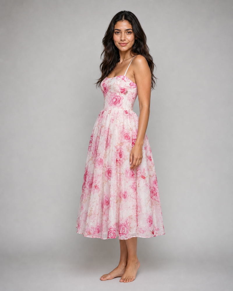 Junia | Ruched Floral Organza Midi Dress