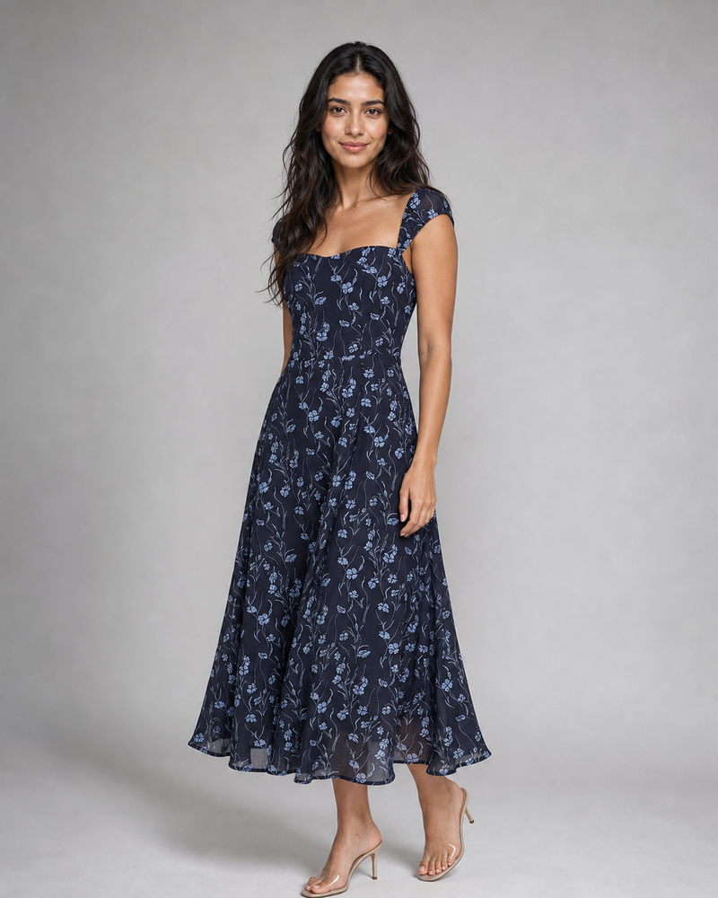 Maeve | Floral Sweetheart Cap-Sleeve Midi Dress