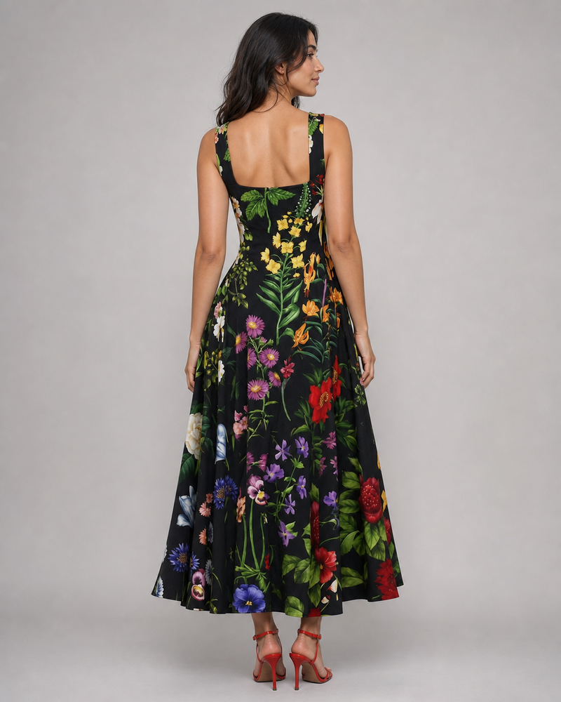 Arabella | Square-Neck Floral Midi Dress with Tie Back