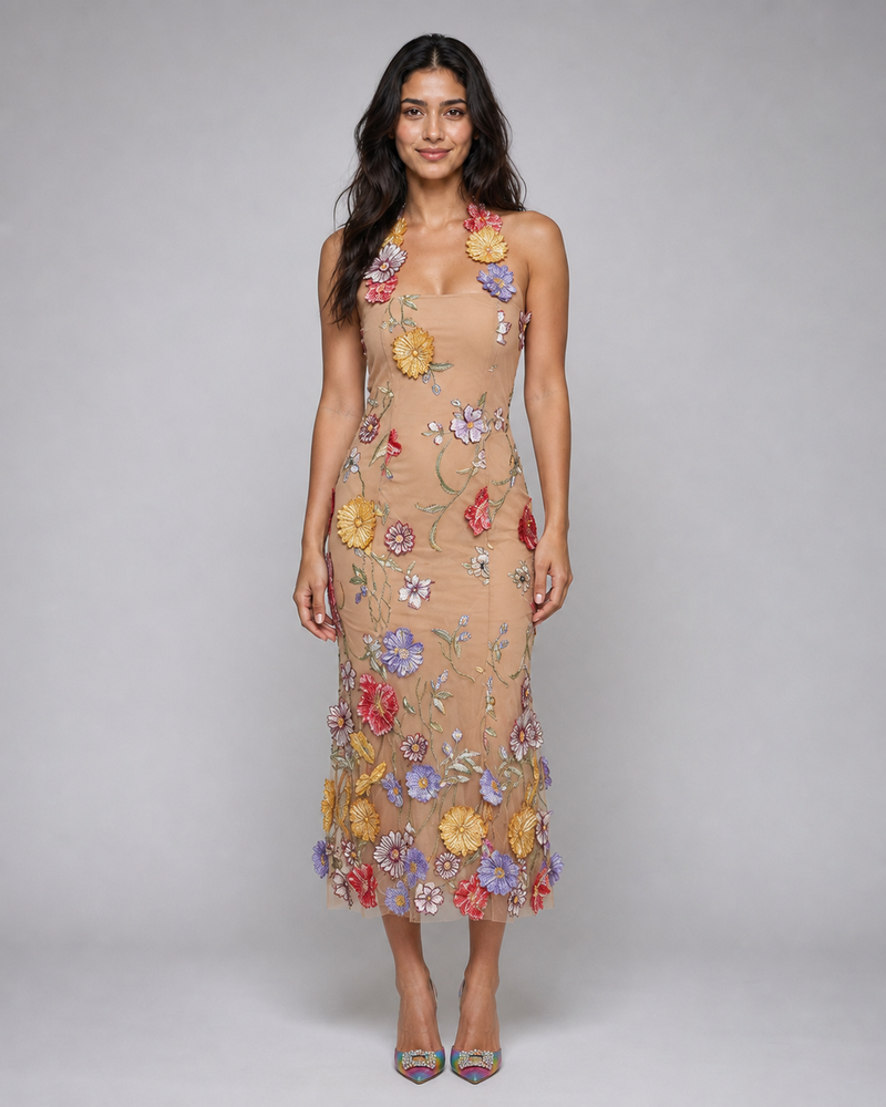 Natalya | Floral Embroidered Halter Midi Dress