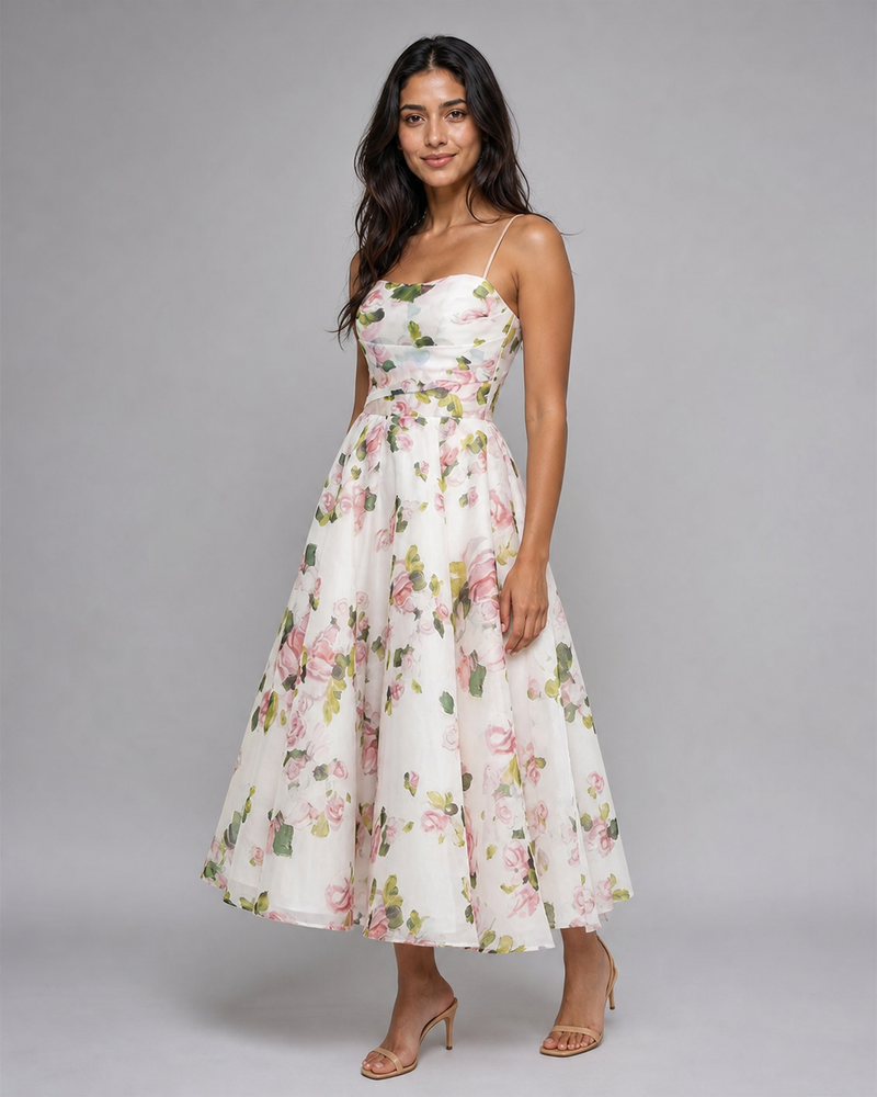 Junia | Ruched Floral Organza Midi Dress