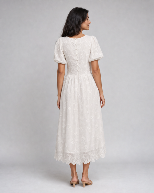 Harriet | Floral Broderie Puff Sleeve Midi Dress — White — back