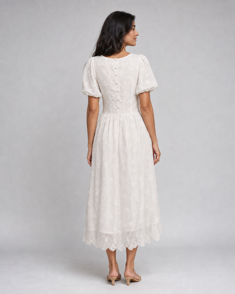 Harriet | Floral Broderie Puff Sleeve Midi Dress
