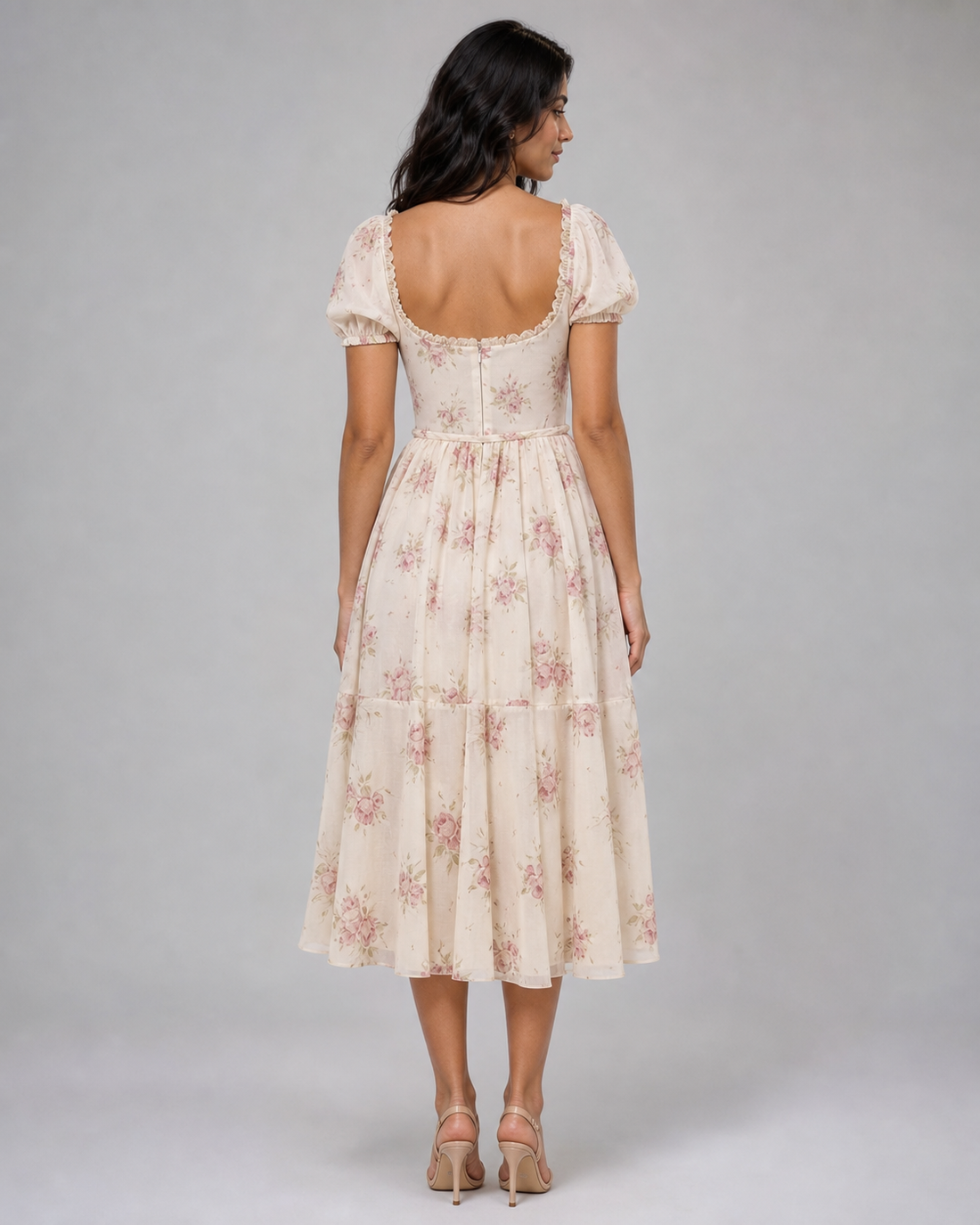Ottilie | Floral Puff-Sleeve Corset Midi Dress