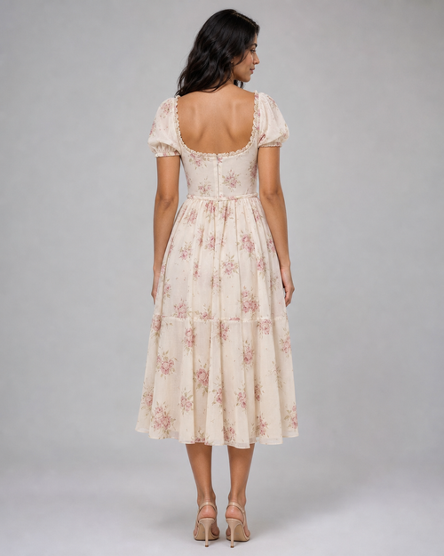 Ottilie | Floral Puff-Sleeve Corset Midi Dress — Ivory — back
