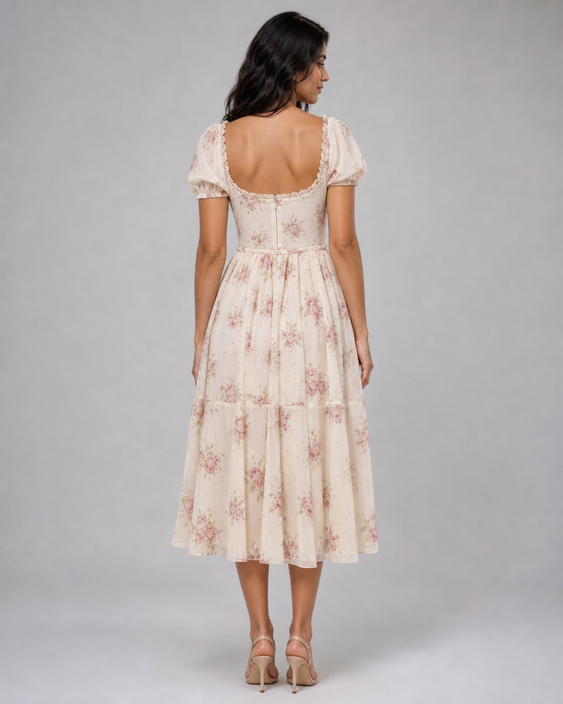 Ottilie | Floral Puff-Sleeve Corset Midi Dress