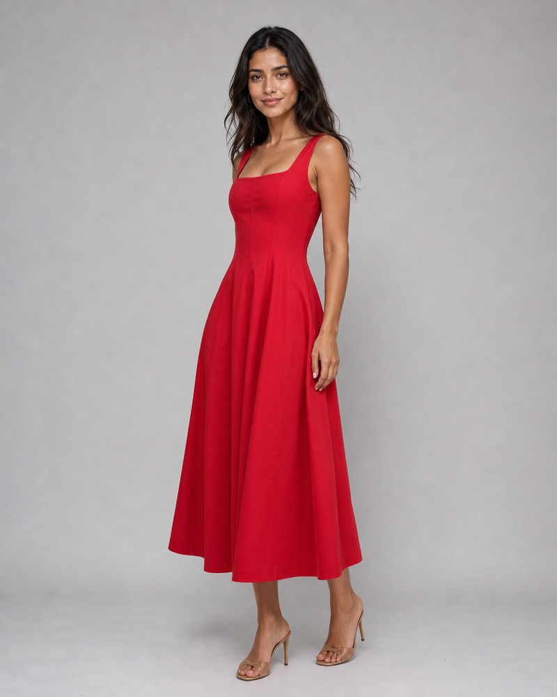 Clemence | Square-Neck Corset Midi Dress with Lace-Up Back