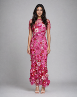 Juliette | 3D Floral Appliqué Midi Dress in Pink