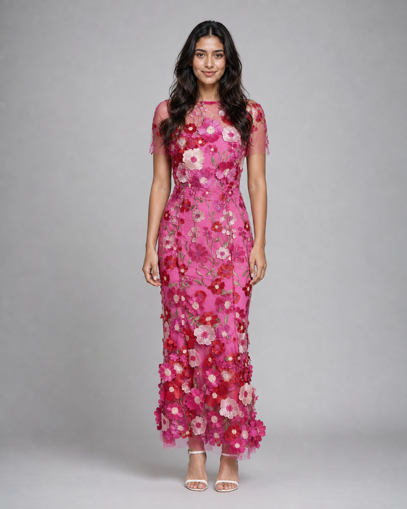 Juliette | 3D Floral Appliqué Midi Dress