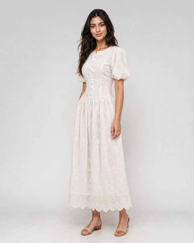 Harriet | Floral Broderie Puff Sleeve Midi Dress