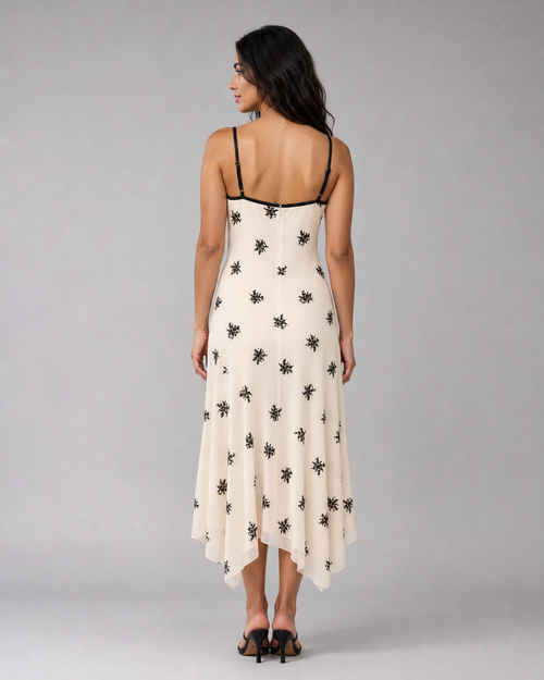 Lucinda | Embroidered Floral Lace-Trim Midi Dress — Beige — back