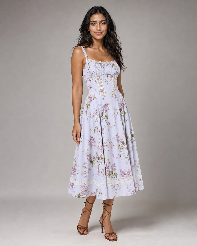 Mathilde | Floral Lace-Trim Midi Sundress