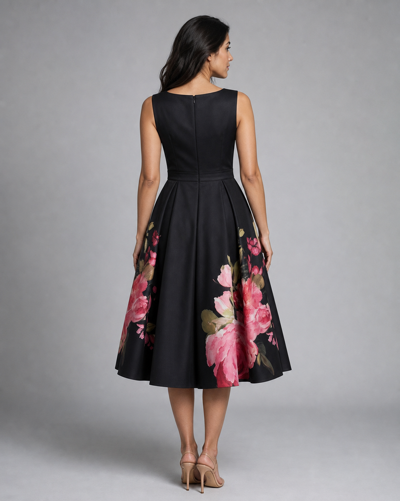 Lucille | Floral Pleated Boat-Neck Midi Dress