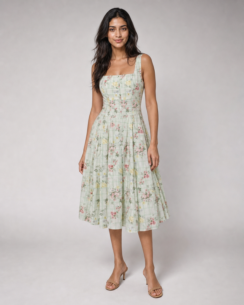 Octavia | Floral Check Button-Front Midi Sundress