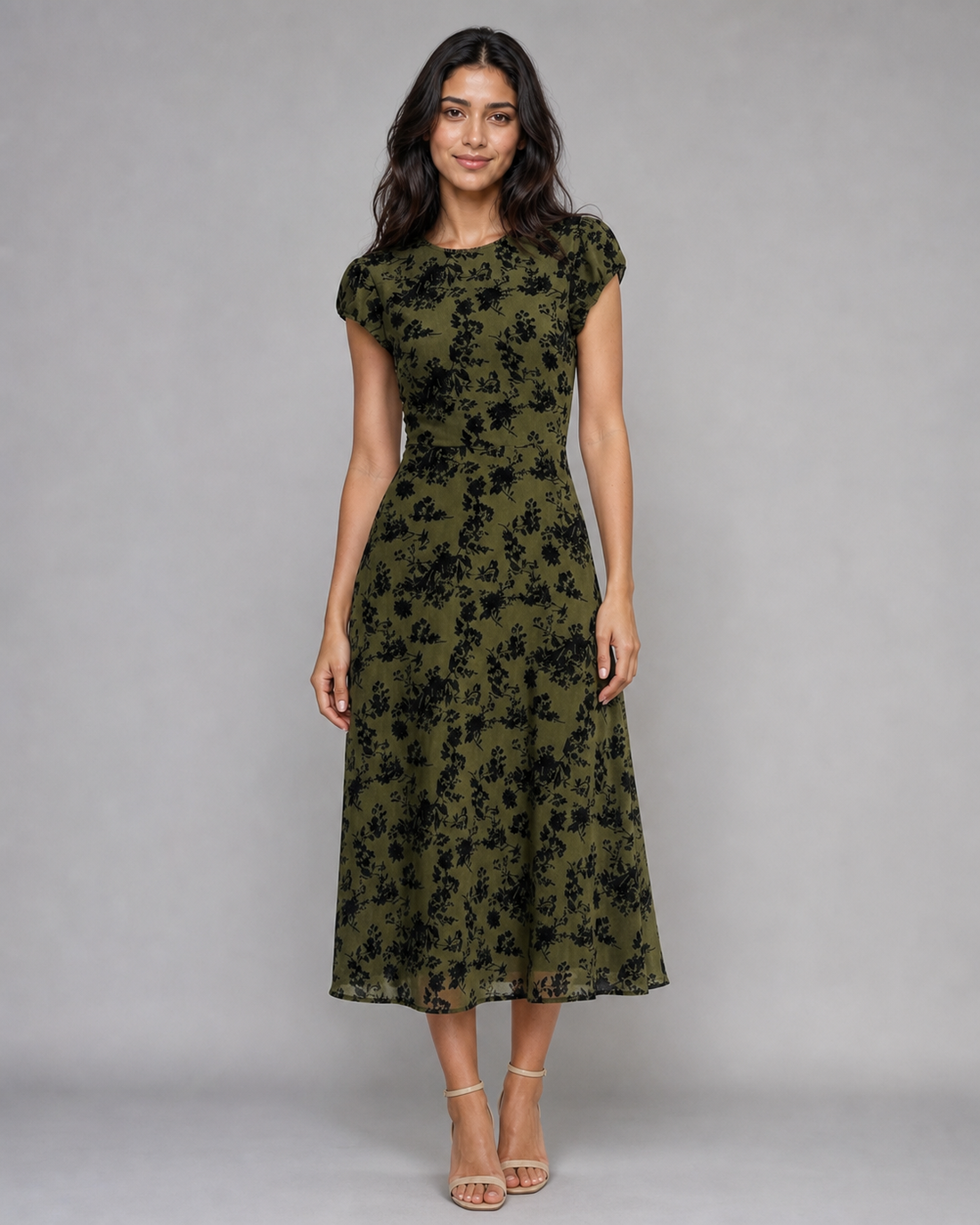 Josephine | Floral Cap-Sleeve A-Line Midi Dress