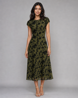 Josephine | Floral Cap-Sleeve A-Line Midi Dress in Green