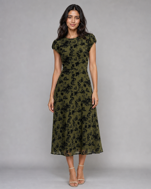 Josephine | Floral Cap-Sleeve A-Line Midi Dress — Green — front