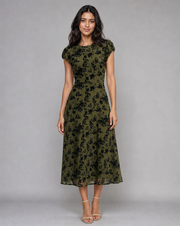 Josephine | Floral Cap-Sleeve A-Line Midi Dress