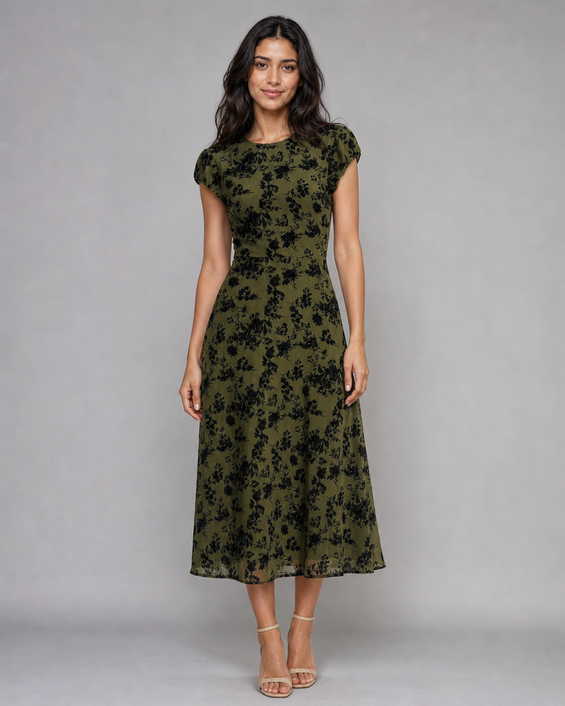 Josephine | Floral Cap-Sleeve A-Line Midi Dress