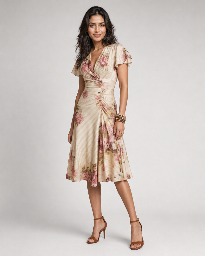 Farrah | Ruched Floral Wrap Midi Dress