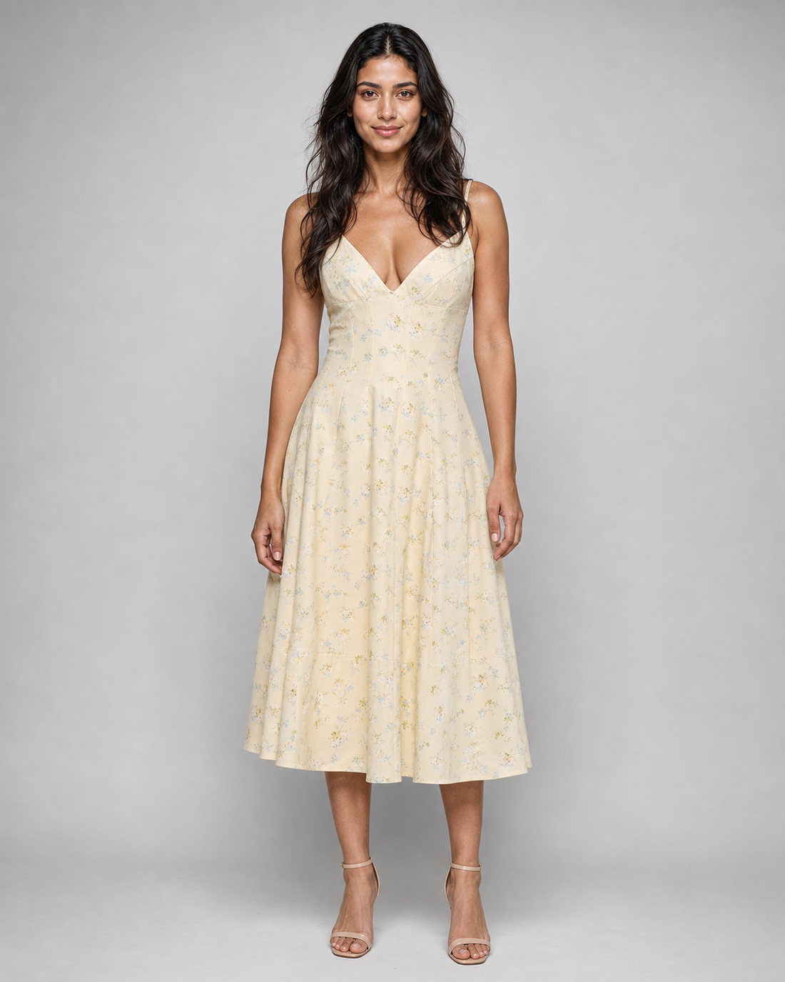Beatrix | V-Neck Midi Dress with Corset Lace-Up Back