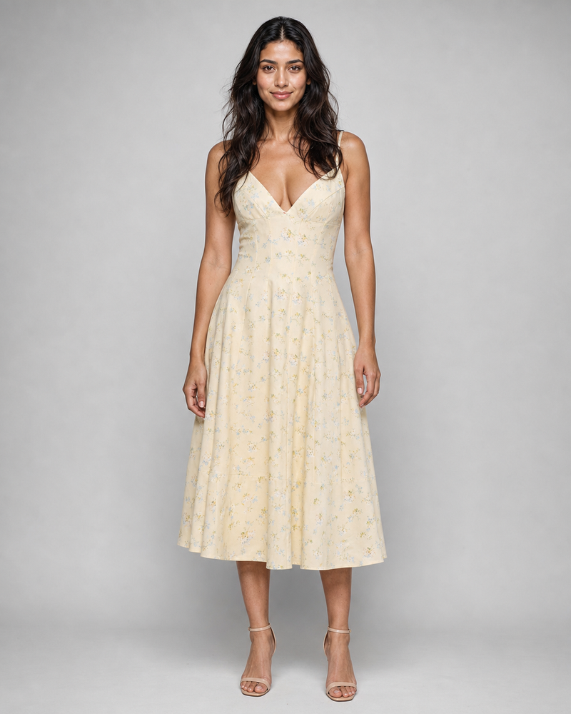 Beatrix | V-Neck Midi Dress with Corset Lace-Up Back