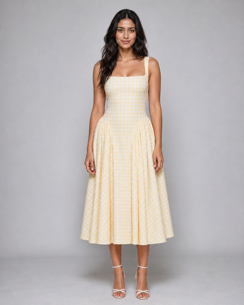 Helena | Sculpted-Waist Gingham Midi Dress