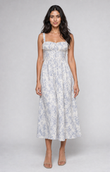 Ophelia | Floral Sweetheart Corset Midi Dress in Blue