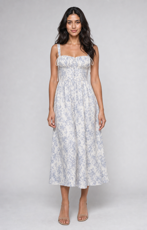 Ophelia | Floral Sweetheart Corset Midi Dress — Blue — front
