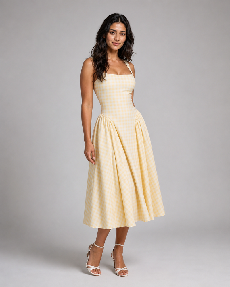 Helena | Sculpted-Waist Gingham Midi Dress