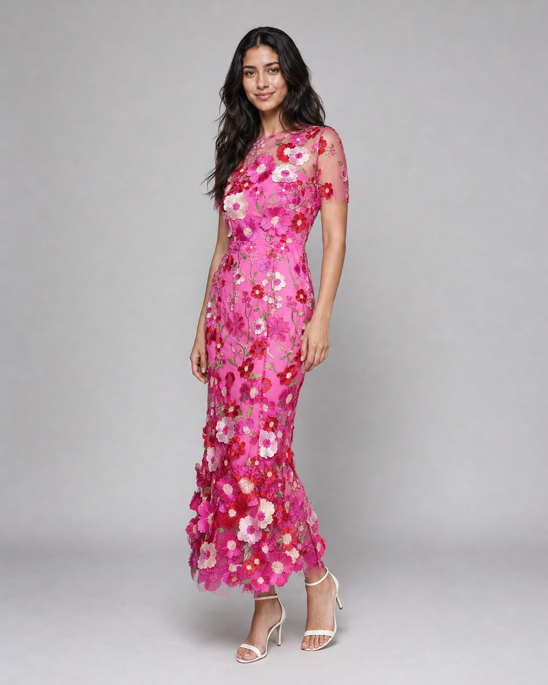 Juliette | 3D Floral Appliqué Midi Dress