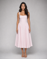 Helena | Sculpted-Waist Gingham Midi Dress in Pink