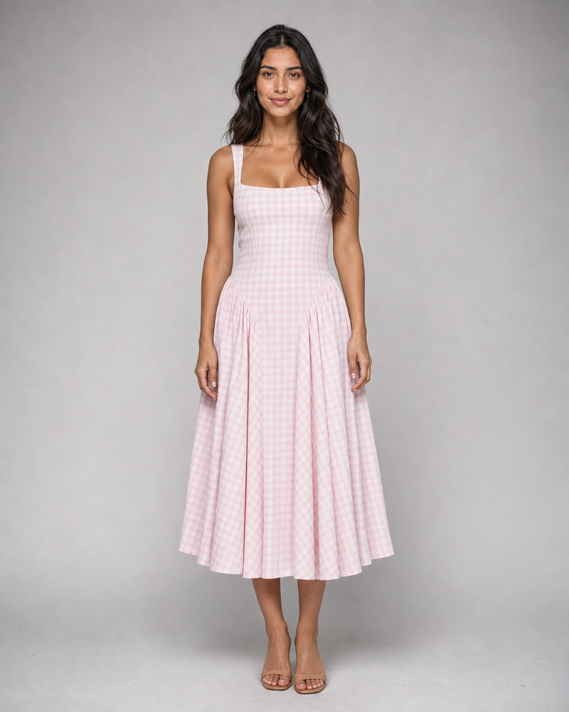 Helena | Sculpted-Waist Gingham Midi Dress