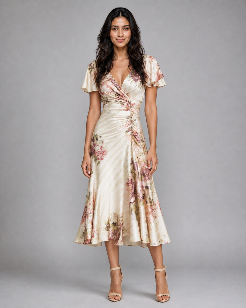 Penelope | Ruched-Waist Floral Midi Dress