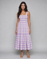 Isadora | Shirred Gingham Tiered Midi Dress in Lavender