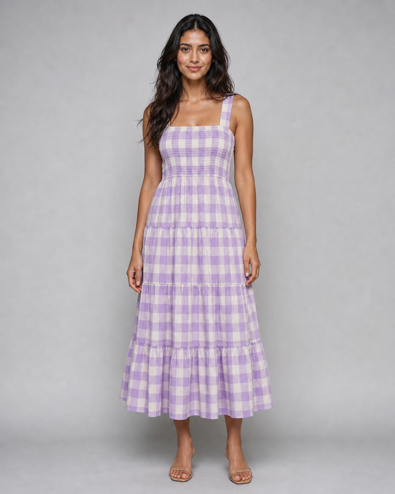 Isadora | Shirred Gingham Tiered Midi Dress