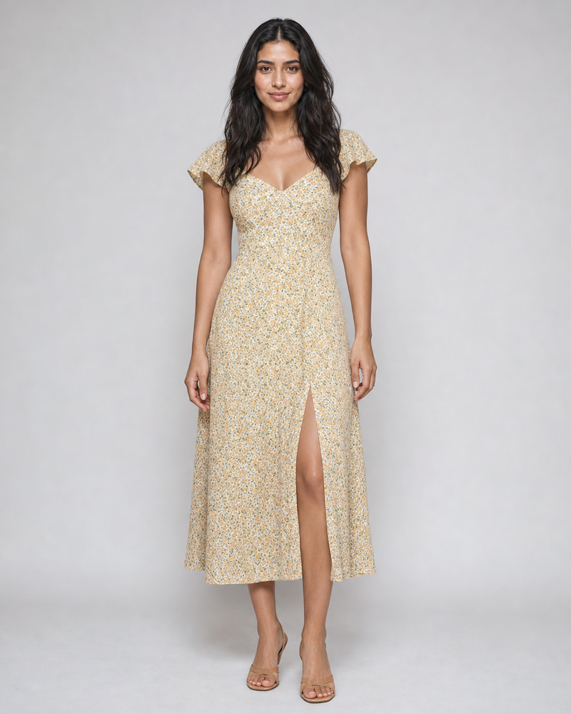 Maryse | Floral Flutter-Sleeve Side-Split Midi Dress