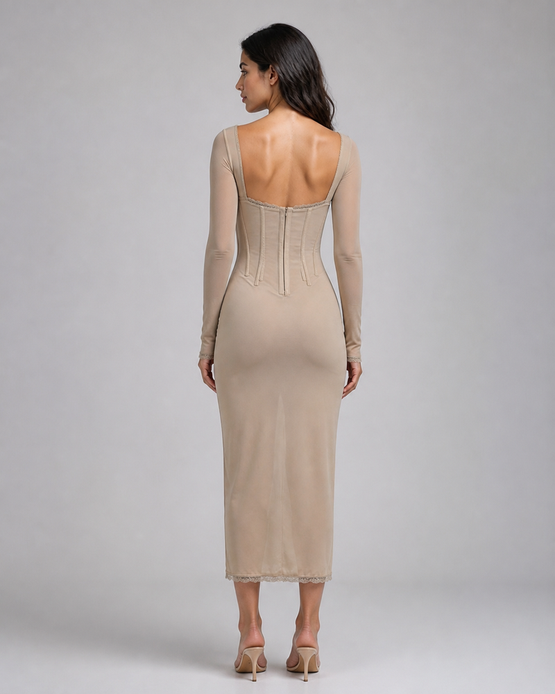 Evangeline | Long-Sleeve Lace Corset Midi Dress