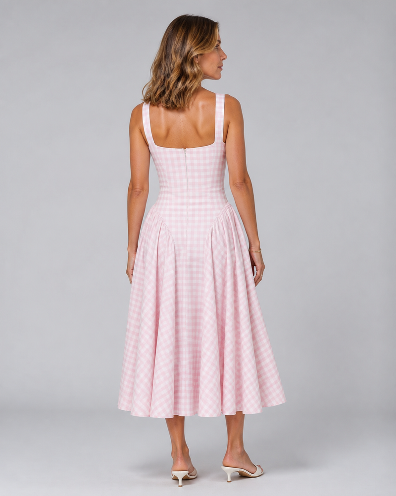 Helena | Sculpted-Waist Gingham Midi Dress