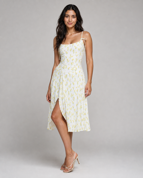 Mirabel | Floral Corset-Bodice Midi Dress — White — threequarter