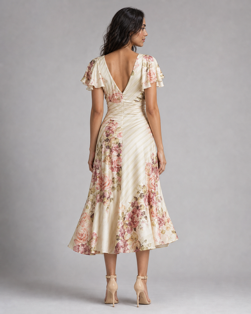 Penelope | Ruched-Waist Floral Midi Dress — Beige — back