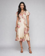 Farrah | Ruched Floral Wrap Midi Dress in Beige