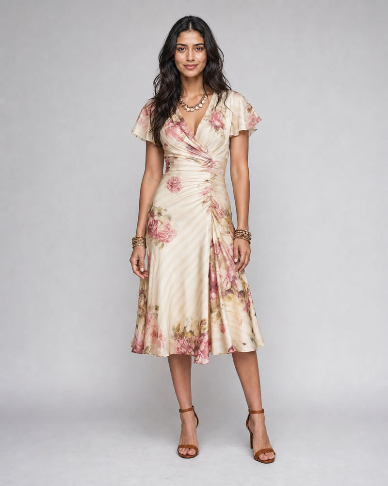 Farrah | Ruched Floral Wrap Midi Dress