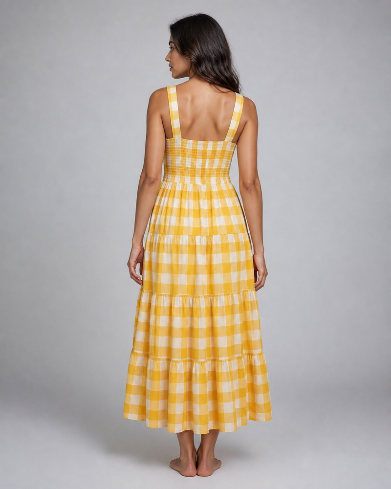 Isadora | Shirred Gingham Tiered Midi Dress