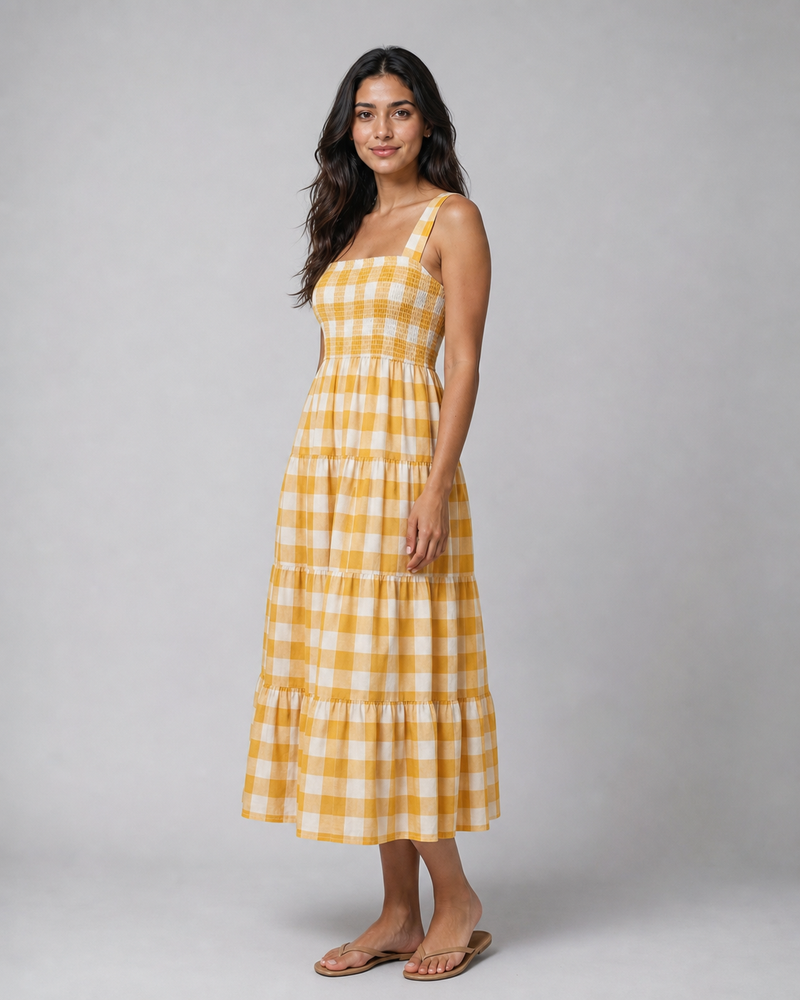 Isadora | Shirred Gingham Tiered Midi Dress