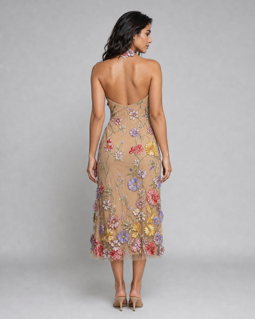 Natalya | Floral Embroidered Halter Midi Dress — Beige — back